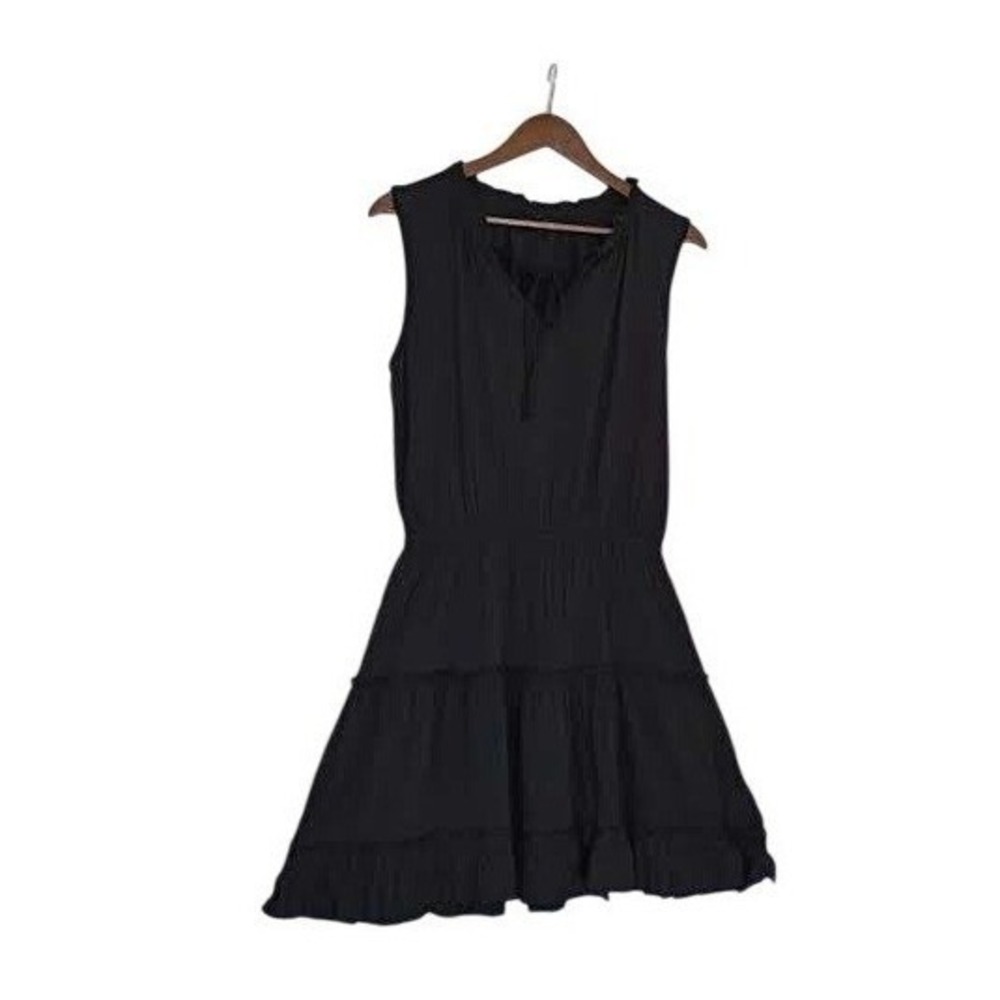 Insulation 100% Cotton Tiered Mini Dress M Black Ruffle Tie Neck Boho Dainty LBD - Picture 2 of 11